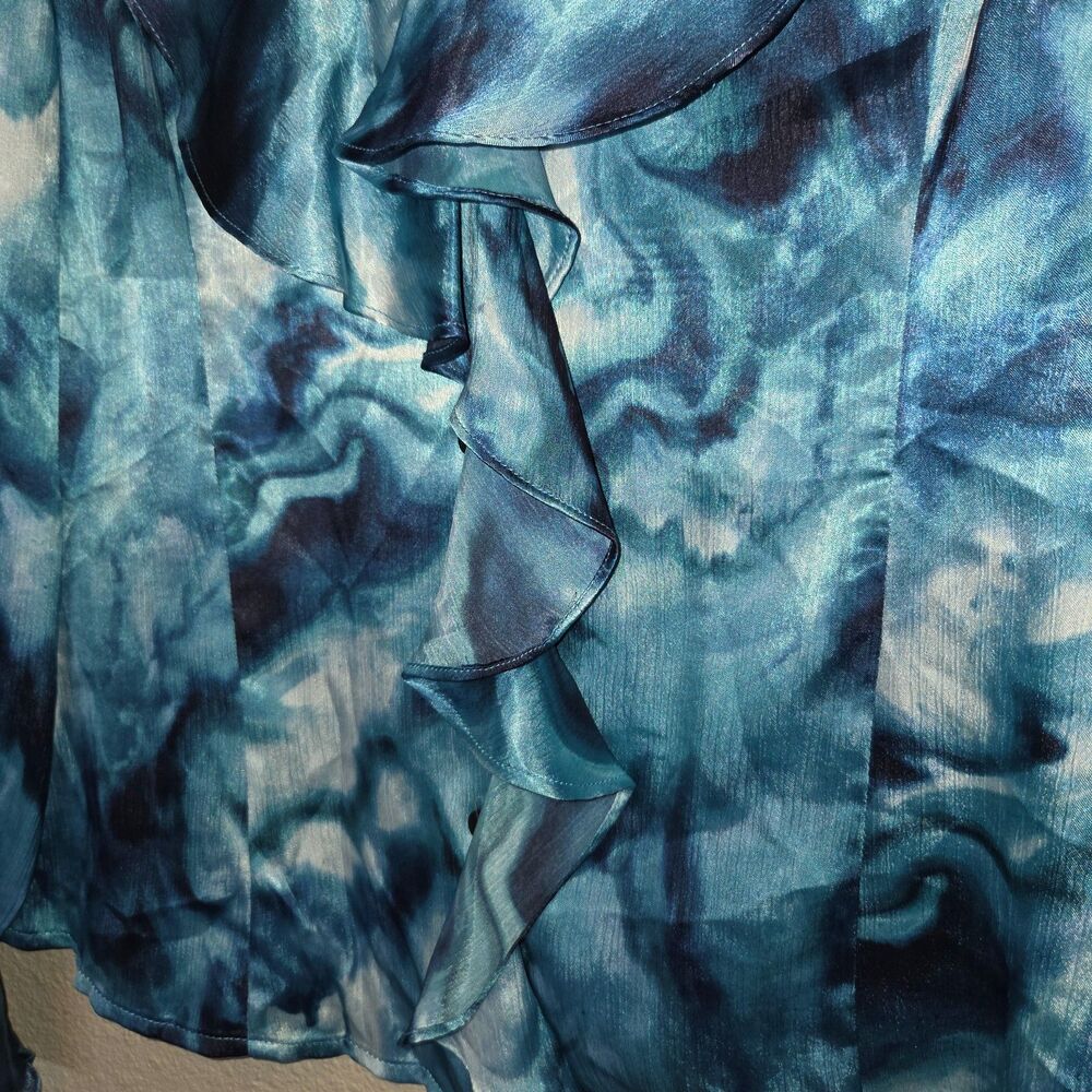 Jones New York Satin Ruffle Blouse Small - Blue Watercolor Tie Dye Top - Picture 4 of 5